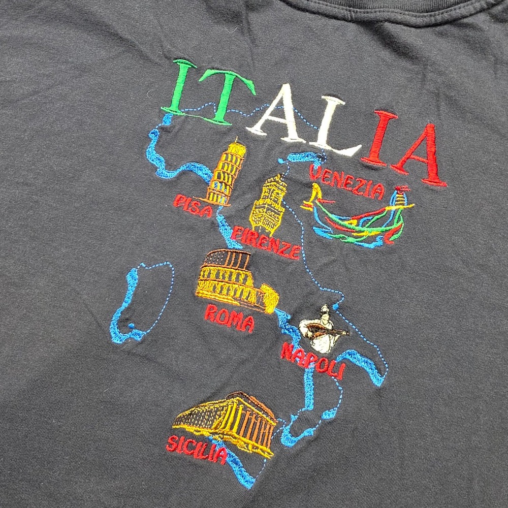 Vintage Italia Embroidered T-Shirt Mens XL Navy Blue Italy Souvenir Ringer Tee